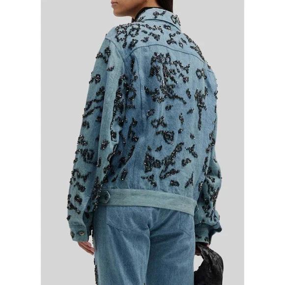 $695 Rag & Bone Womens Blue Sequin Classic Denim Trucker Jacket Size XS